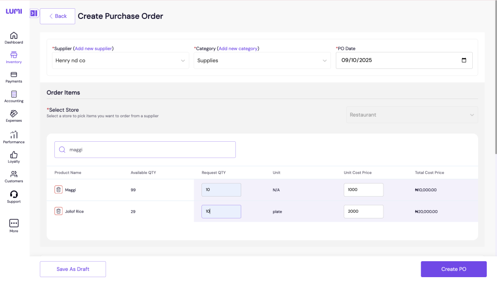 Lumi Business Purchase Order Dashboard