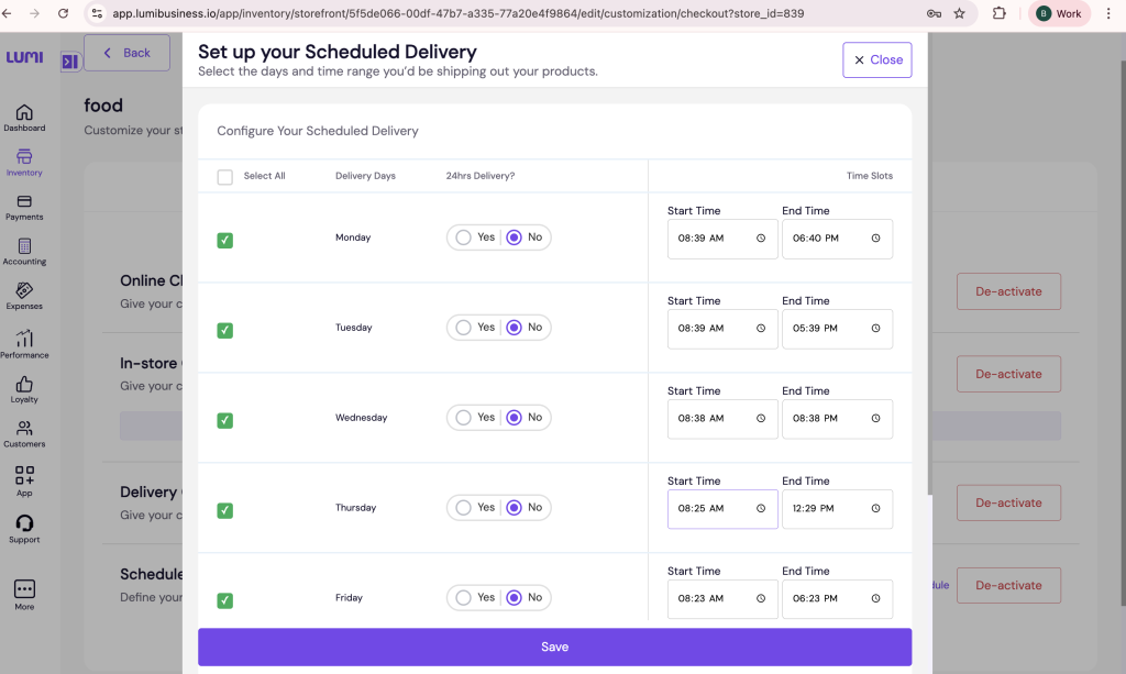 Allow customers choose future delivery dates and time windows during checkout.