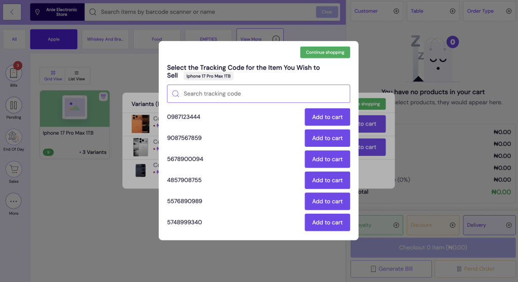 IMEI tracking interface showing individual device codes selected during checkout in Lumi Business inventory system